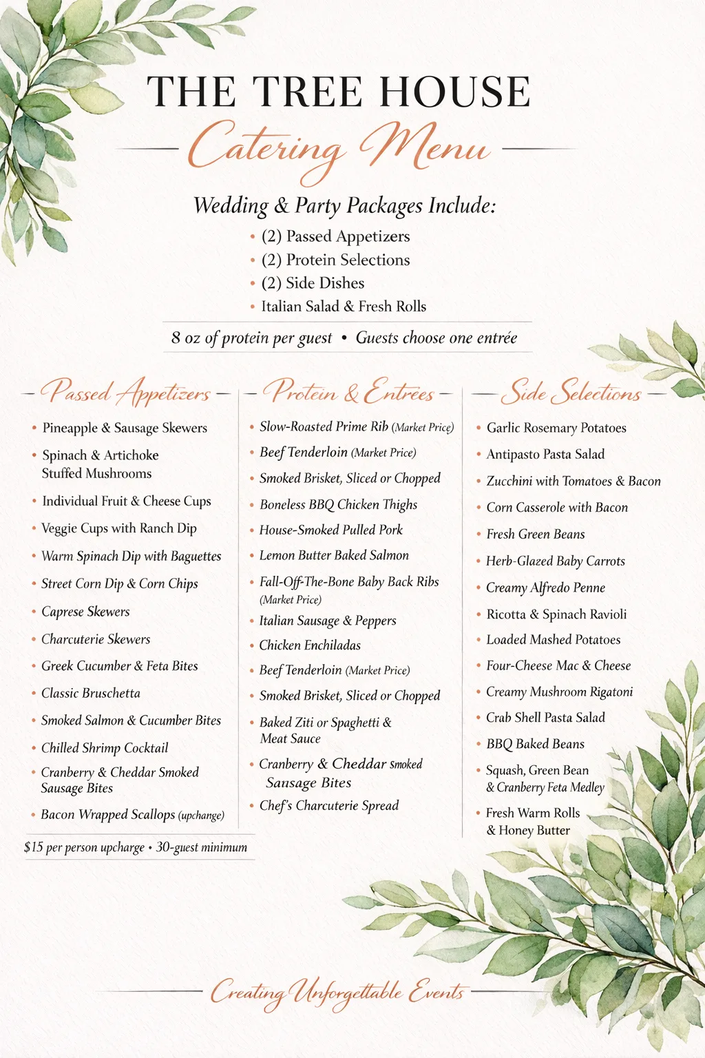 The Tree House Catering Menu - Wedding & Party Packages including passed appetizers, protein entrees, and side selections